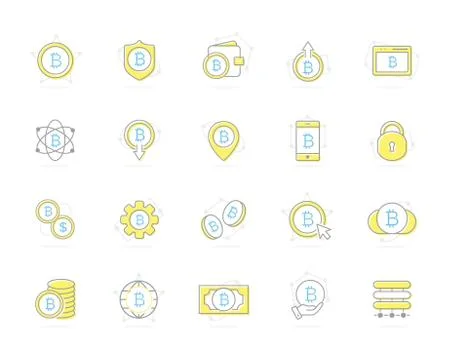Set of vector colored bitcoin icons. Investments, cloud technologies, payments Stock Illustration