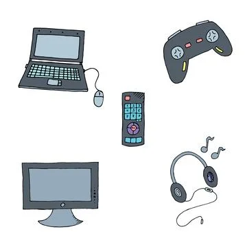 Set of vector colored doodle elements, computer, laptop, joystick, headphones イラスト素材