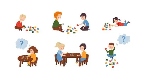 Set of vector colored flat illustrations of children who solve puzzle Illustrazione stock