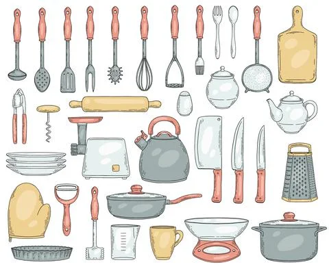 Set of vector colored hand drawn objects of kitchen utensils isolated on white Stockillustratie