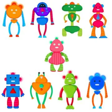 Set of vector colored robots in cartoon style. Isolated vector robots in a white Stock Illustration