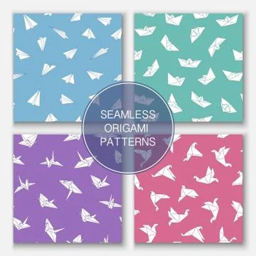 Set of vector colorful seamless origami patterns with beautiful paper figures 스톡 일러스트