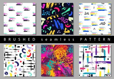 Set of Vector colorful seamless pattern with brush strokes and dots. Pink blue Illustrazione stock