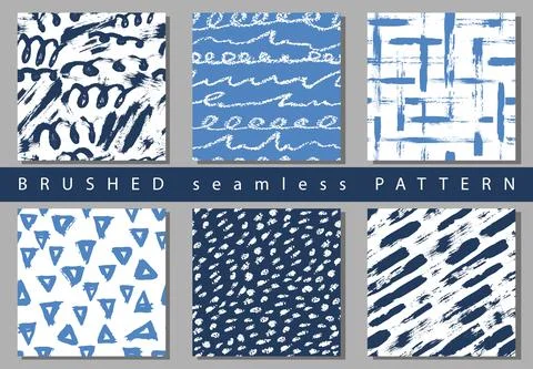 Set of Vector colorful seamless pattern with brush strokes and dots. Blue color Stock Illustration