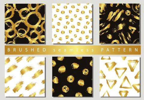 Set of Vector colorful seamless pattern with brush strokes and dots. Gold 스톡 일러스트