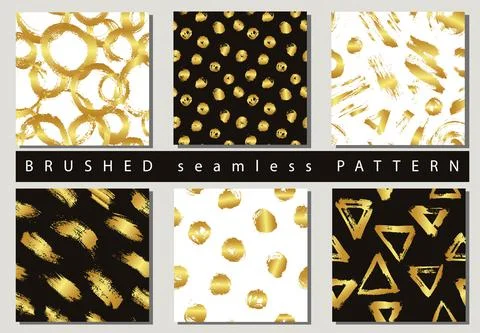 Set of Vector colorful seamless pattern with brush strokes and dots. Gold Stock Illustration