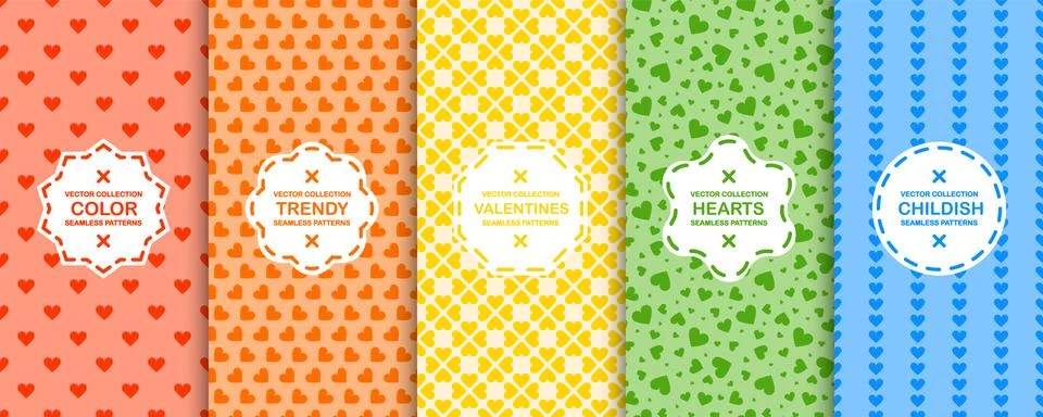 Set of vector colorful seamless patterns with hearts. Cute vibrant backgrounds Stockillustratie