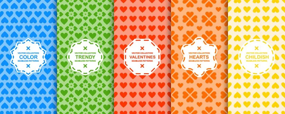 Set of vector colorful seamless patterns with hearts. Cute vibrant backgrounds イラスト素材