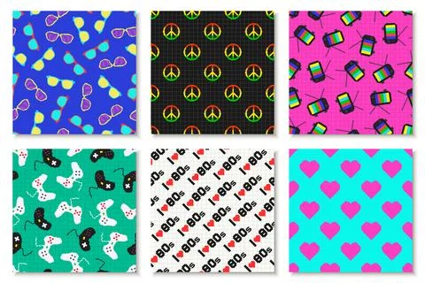 Set of vector colorful seamless retro patterns, cards - fashion style 80 - 90s イラスト素材