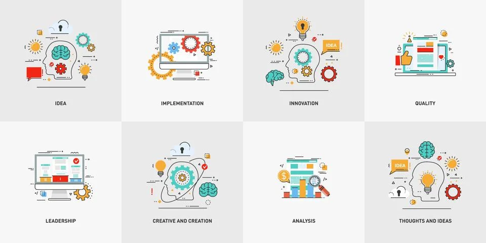 Set of vector conceptual flat line illustrations. Creative and creation Stock Illustration