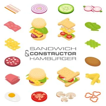 Set vector constructor isometric sandwich and hamburger ingredients Stock Illustration
