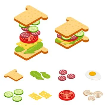 Set vector constructor isometric sandwich and hamburger ingredients Stock Illustration