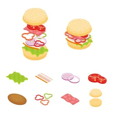 Set vector constructor isometric sandwich and hamburger ingredients Stock Illustration