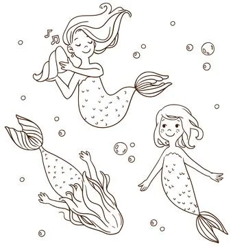 Set of vector contour girly cartoon mermaids on a white background Stock Illustration