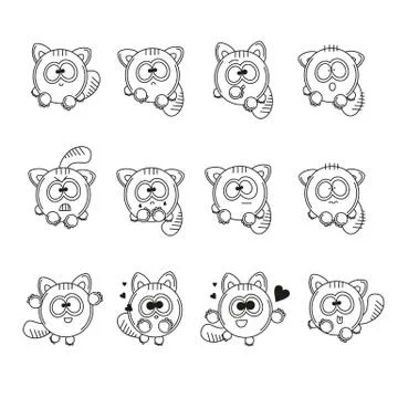 Set vector contour illustrations isolated character cartoon funny cat stickers Stock Illustration