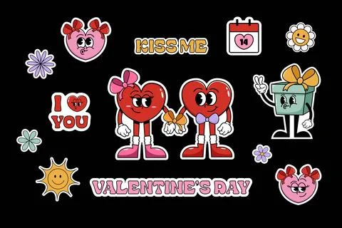 Set of vector cool stickers for Valentine's Day. Stock Illustration