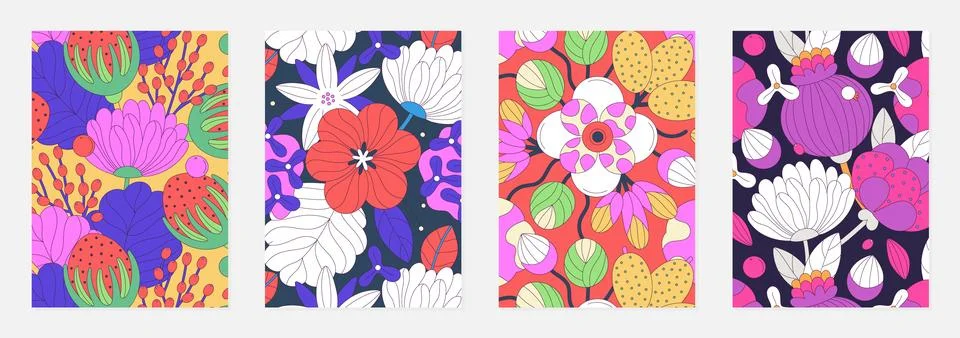 Set of vector covers with floral patterns of colorful abstract flowers with.. Stock Illustration