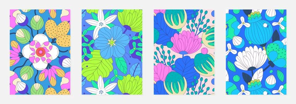 Set of vector covers with floral patterns of colorful abstract flowers with.. 스톡 일러스트