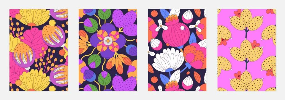 Set of vector covers with floral patterns of colorful abstract flowers with b Illustrazione stock