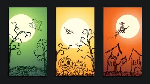 Set of vector crayon drawn happy halloween day background banner Stock Illustration