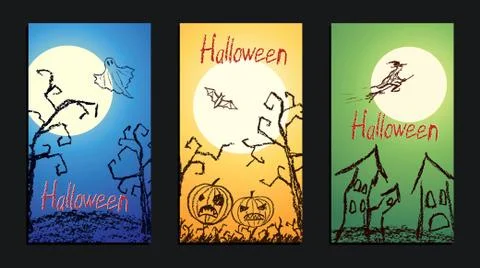 Set of vector crayon drawn happy halloween day background banner Stock Illustration
