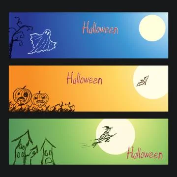 Set of vector crayon drawn happy halloween day background banner Stock Illustration