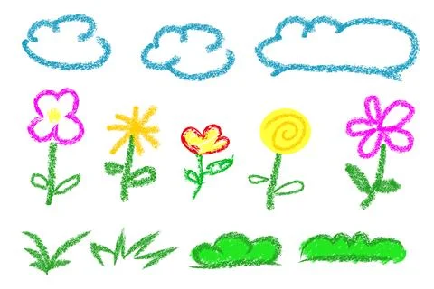 Set vector crayon effect cloud, flower and grass, colorful, isolated on white Illustrazione stock