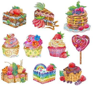 Set of vector cupcakes and pancakes with chocolate and raspberry Illustrazione stock