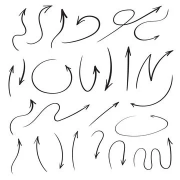 Set of vector curved arrows hand drawn. Sketch doodle style. Collection of Illustrazione stock