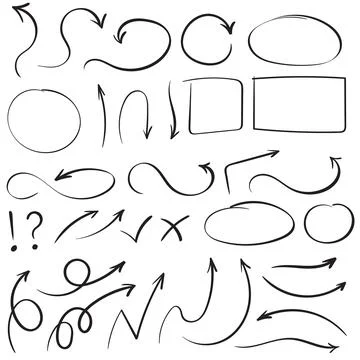 Set of vector curved arrows hand drawn. Sketch doodle style. Collection of Illustrazione stock