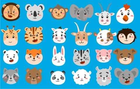 Set of vector cute animal faces in simple style, vector graphic Stock Illustration