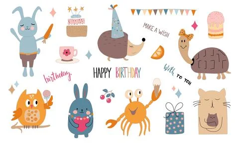 Set vector cute animals and various small objects,fruits,cake,cake. Applicable Stock Illustration