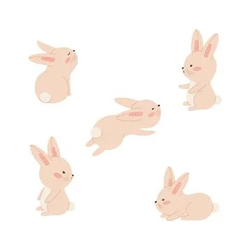 Set of vector cute cartoon rabbits in simple hand drawn style. Fluffy bunnies in Stock Illustration