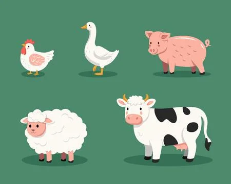 Set of vector cute farm animals chicken goose pig sheep cow Stock Illustration