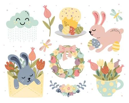 Set of vector cute illustrations with traditional easter elements Stock Illustration