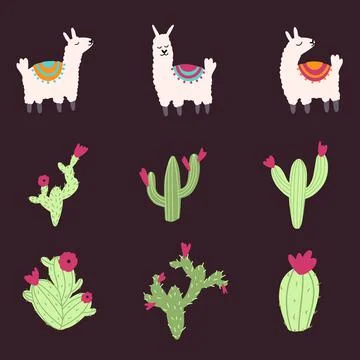 Set of vector cute lama and cactus in cartoon hand drawn childish style. Funny Stock Illustration