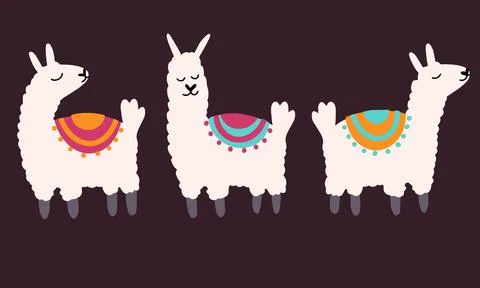 Set of vector cute lama in cartoon hand drawn childish style. Funny animal Stock Illustration