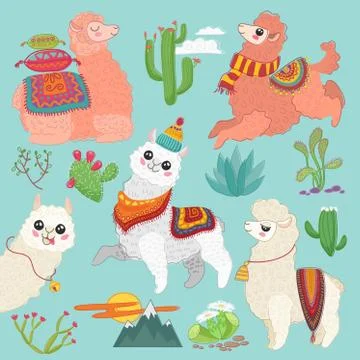 Set of vector cute vector alpaca lama and desert cactus elements. Stock Illustration