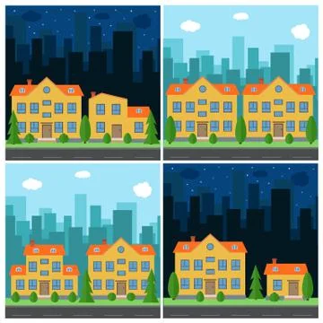 Set of vector day and night city with cartoon houses and buildings. Stock Illustration
