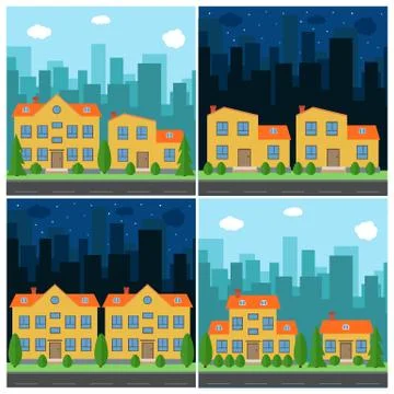Set of vector day and night city with cartoon houses and buildings Stock Illustration