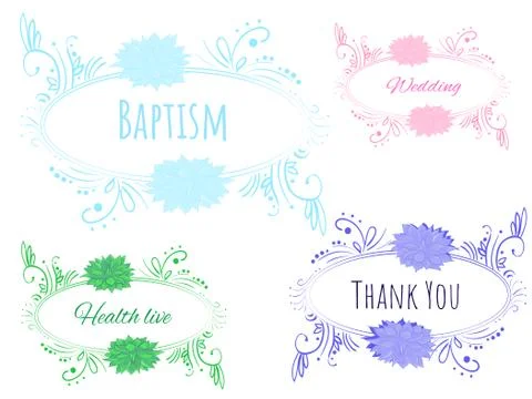 Set vector decor frame baptism, wedding, health live, thank you Stock Illustration