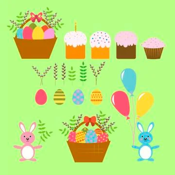 Set of Vector Design Elements for Happy Easter in the Flat Stile 스톡 일러스트