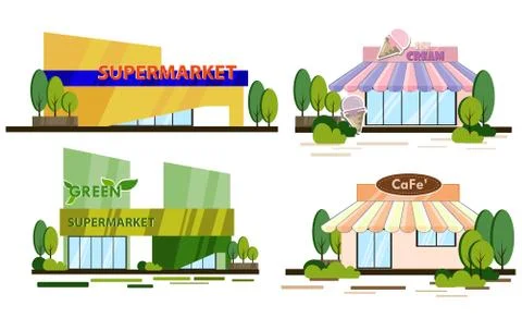 Set of vector design shop store, supermarket, cafe, green supermarket, vegeta Stock Illustration