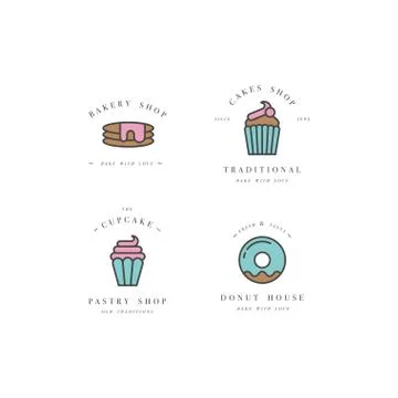 Set vector design templates and emblems - cupcake, donut and bake icon for Stock Illustration