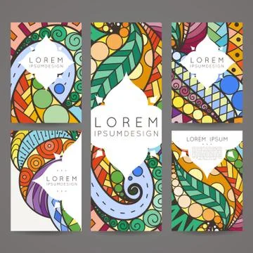 Set of vector design templates. Brochures in random colorful style. Vintage f Stock Illustration