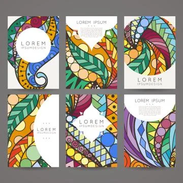 Set of vector design templates. Brochures in random colorful style. Vintage f Stock Illustration