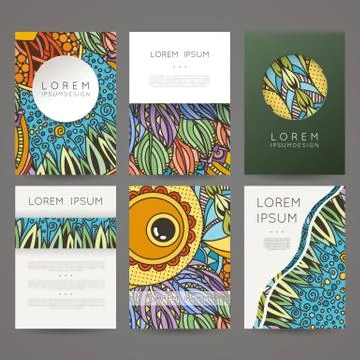 Set of vector design templates. Brochures in random colorful style. Vintage f Stock Illustration