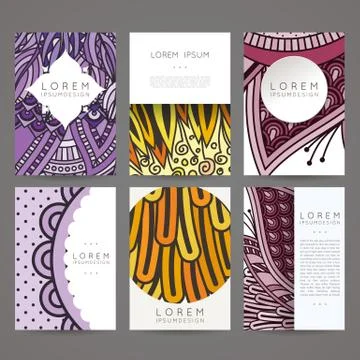 Set of vector design templates. Brochures in random colorful style. Vintage f Stock Illustration