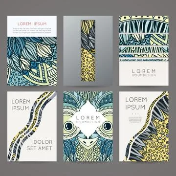 Set of vector design templates. Brochures in random colorful style. Vintage f Stock Illustration