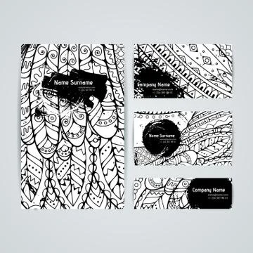 Set of vector design templates. Brochures in random colorful style. Zentangle Stock Illustration
